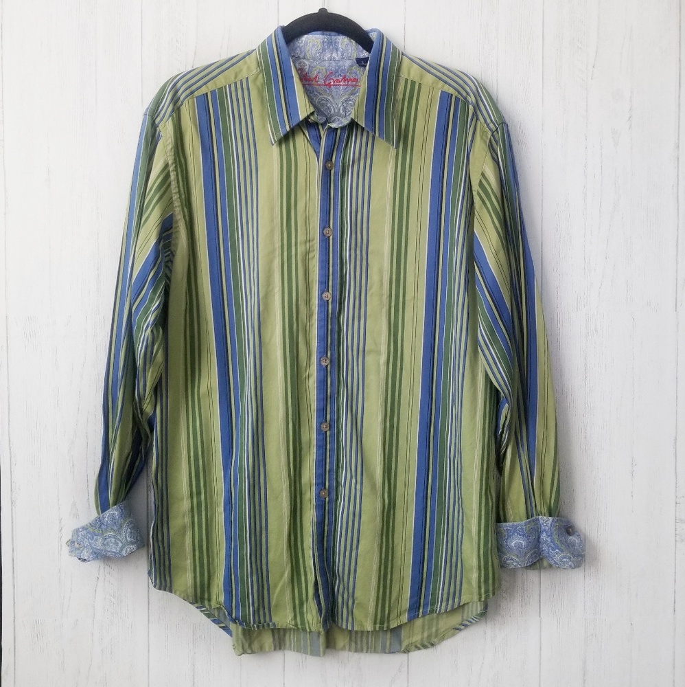 Robert Graham Green Blue Striped Shirt Sz Large